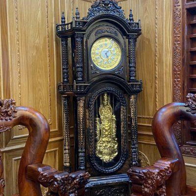 Đồng hồ cây tứ trụ máy đồng gỗ mun hoa ĐHC53