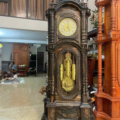 Đồng hồ cây tứ trụ máy đồng gỗ mun hoa ĐHC52