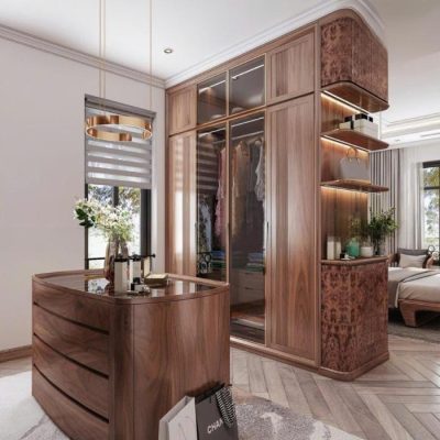 Tủ áo 4c 2 tầng kèm góc phải gỗ óc chó TA587
