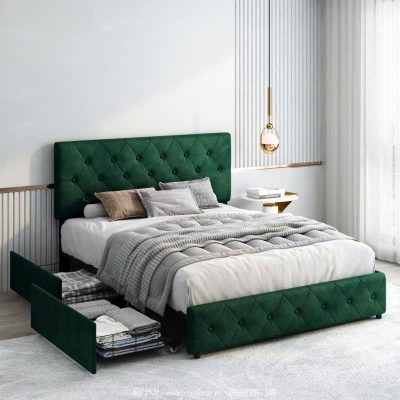 Giường bọc đệm có ngăn kéo 1m60 màu xanh GN626